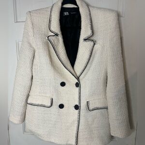 Zara White Double-Breasted Tweed Blazer size Medium